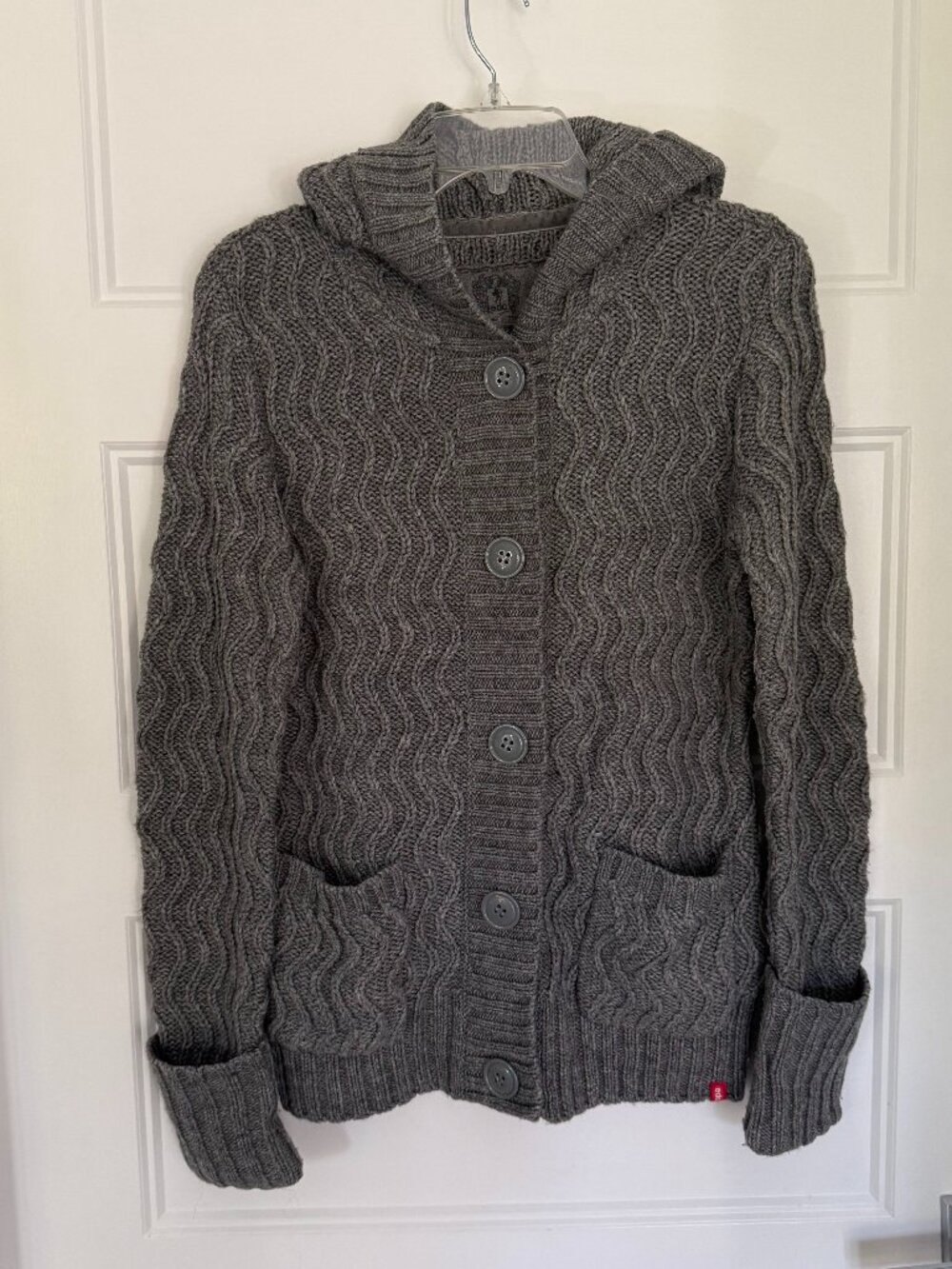 EDC by Esprit - Grey Chunky Cable-Knit Hooded Cardigan Sweater - Size L